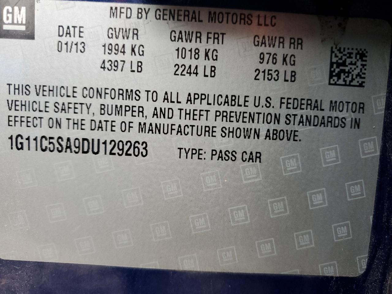 2013 Chevrolet Malibu 1Lt VIN: 1G11C5SA9DU129263 Lot: 92987185