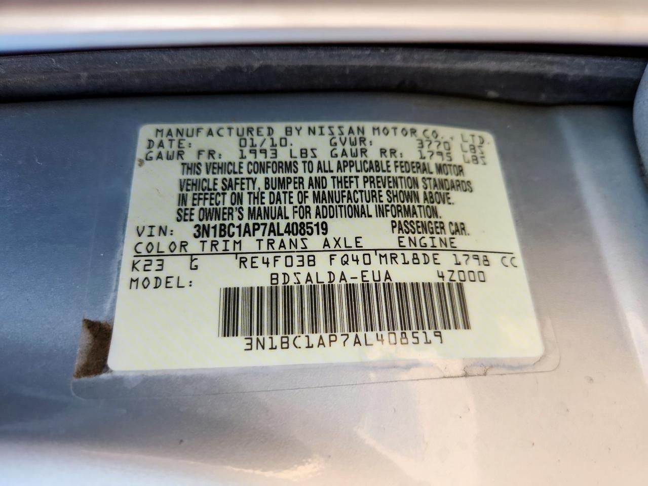 2010 Nissan Versa S VIN: 3N1BC1AP7AL408519 Lot: 90758185