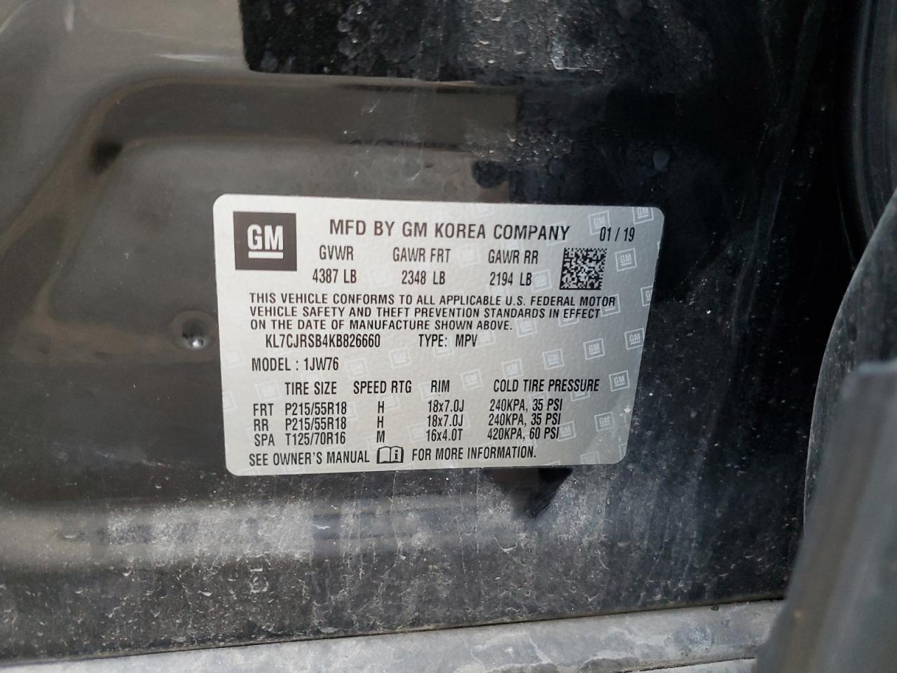 2019 Chevrolet Trax Premier VIN: KL7CJRSB4KB826660 Lot: 92226855