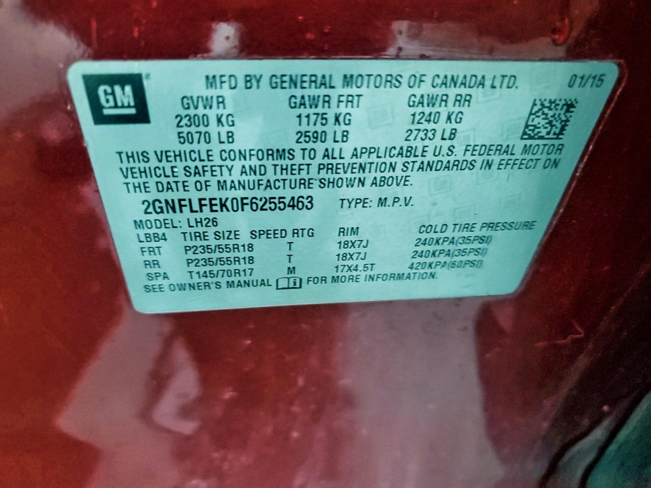 2015 Chevrolet Equinox Lt VIN: 2GNFLFEK0F6255463 Lot: 93236805