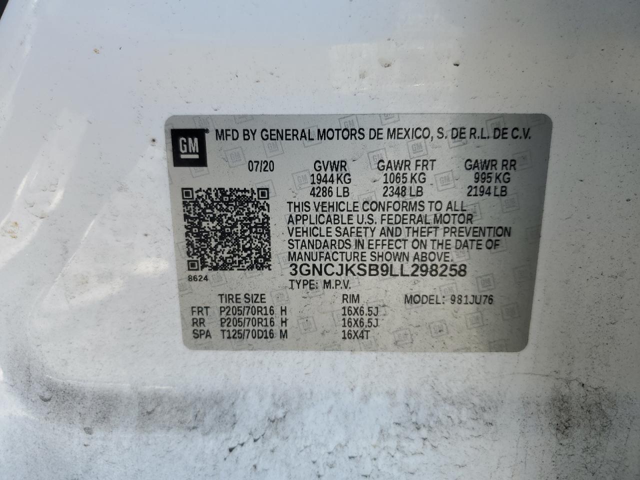 2020 Chevrolet Trax Ls VIN: 3GNCJKSB9LL298258 Lot: 91889645