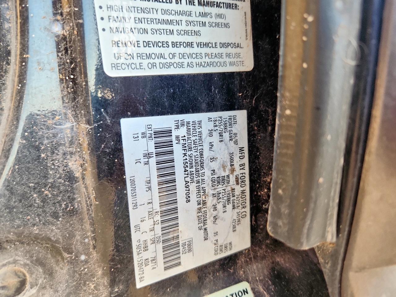 2007 Ford Expedition El Xlt VIN: 1FMFK15547LA97058 Lot: 91468075