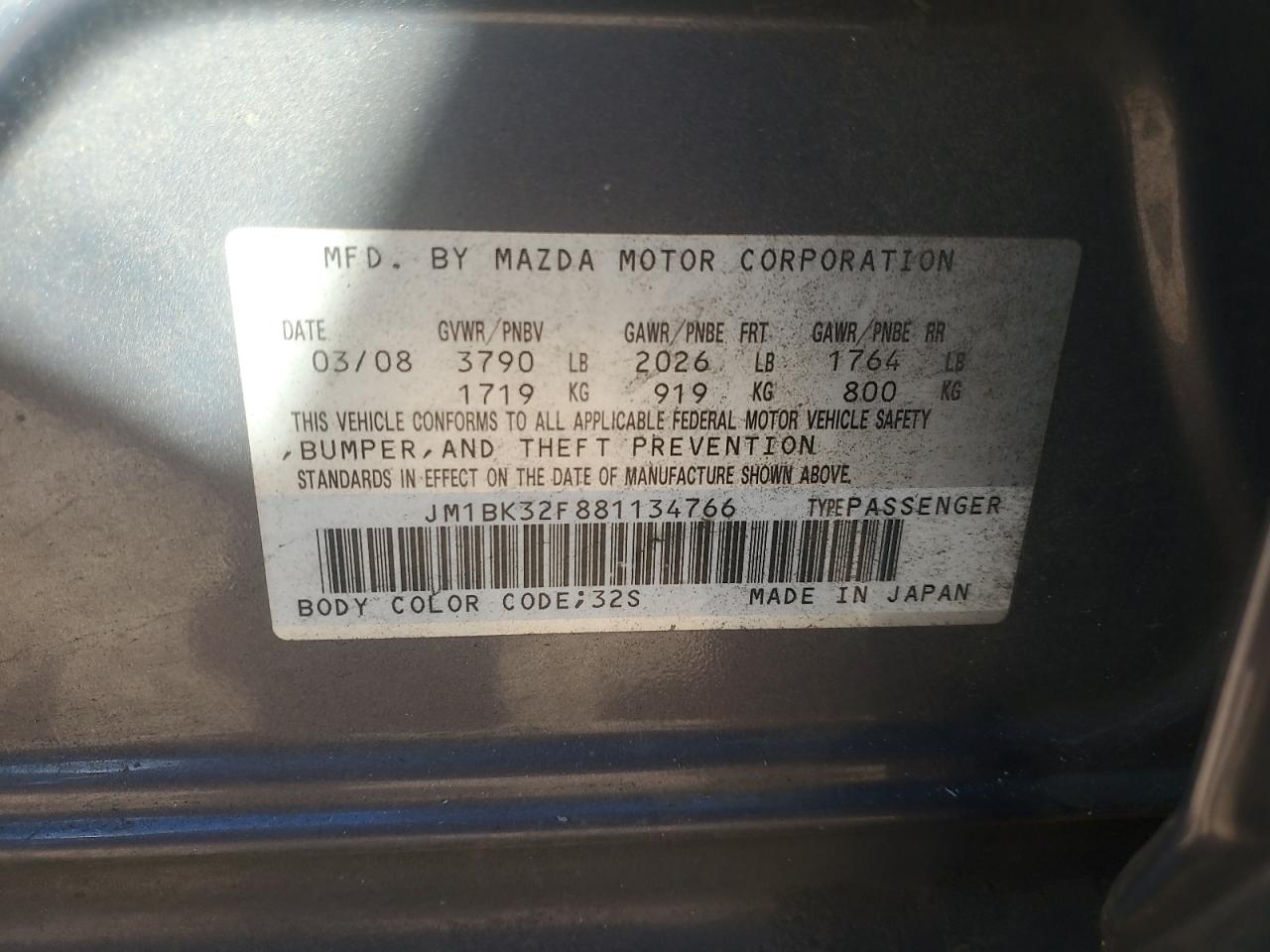 2008 Mazda 3 I VIN: JM1BK32F881134766 Lot: 82763475