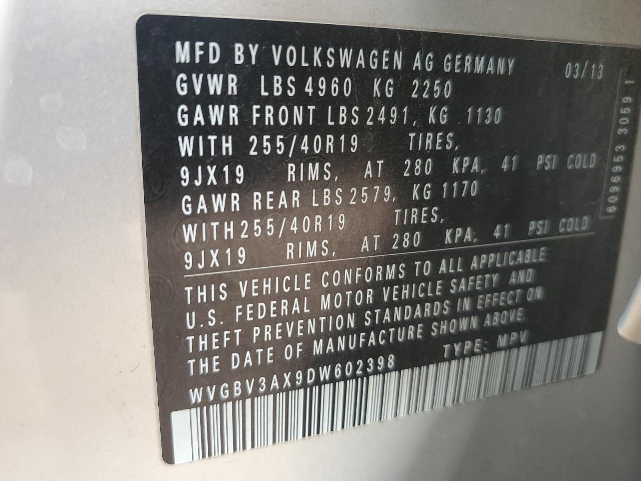 2013 Volkswagen Tiguan S VIN: WVGBV3AX9DW602398 Lot: 91492355