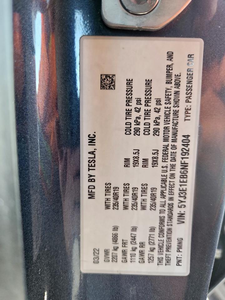 2022 Tesla Model 3 VIN: 5YJ3E1EB6NF192404 Lot: 91734505