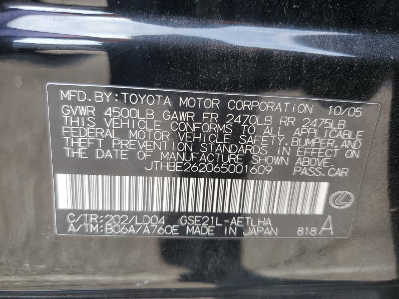 2006 Lexus Is 350 VIN: JTHBE262065001609 Lot: 90700085