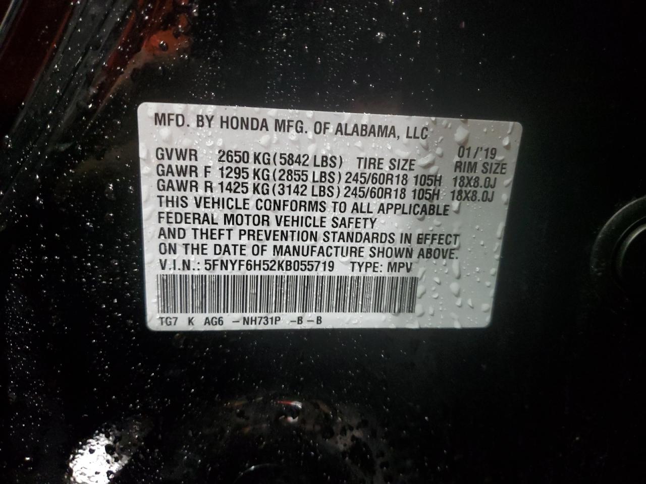 2019 Honda Pilot Exl VIN: 5FNYF6H52KB055719 Lot: 92583615