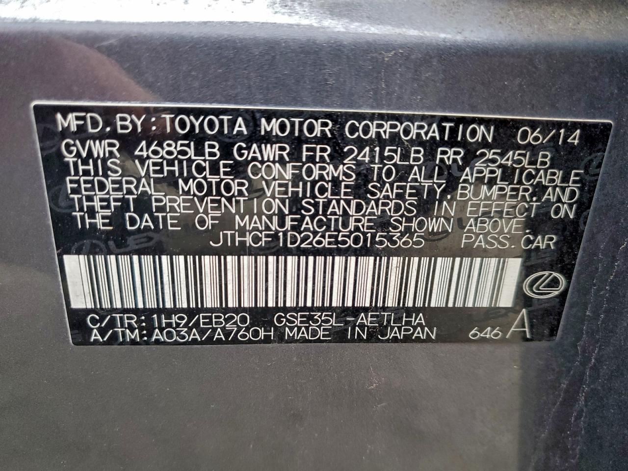 2014 Lexus Is 250 VIN: JTHCF1D26E5015365 Lot: 94308665