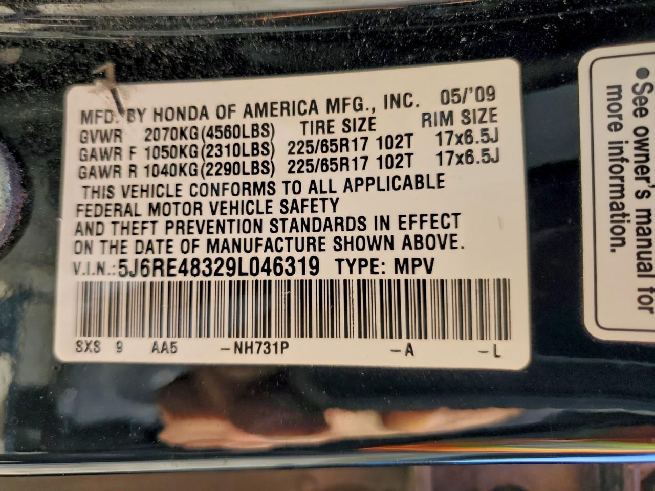 2009 Honda Cr-V Lx VIN: 5J6RE48329L046319 Lot: 94298665