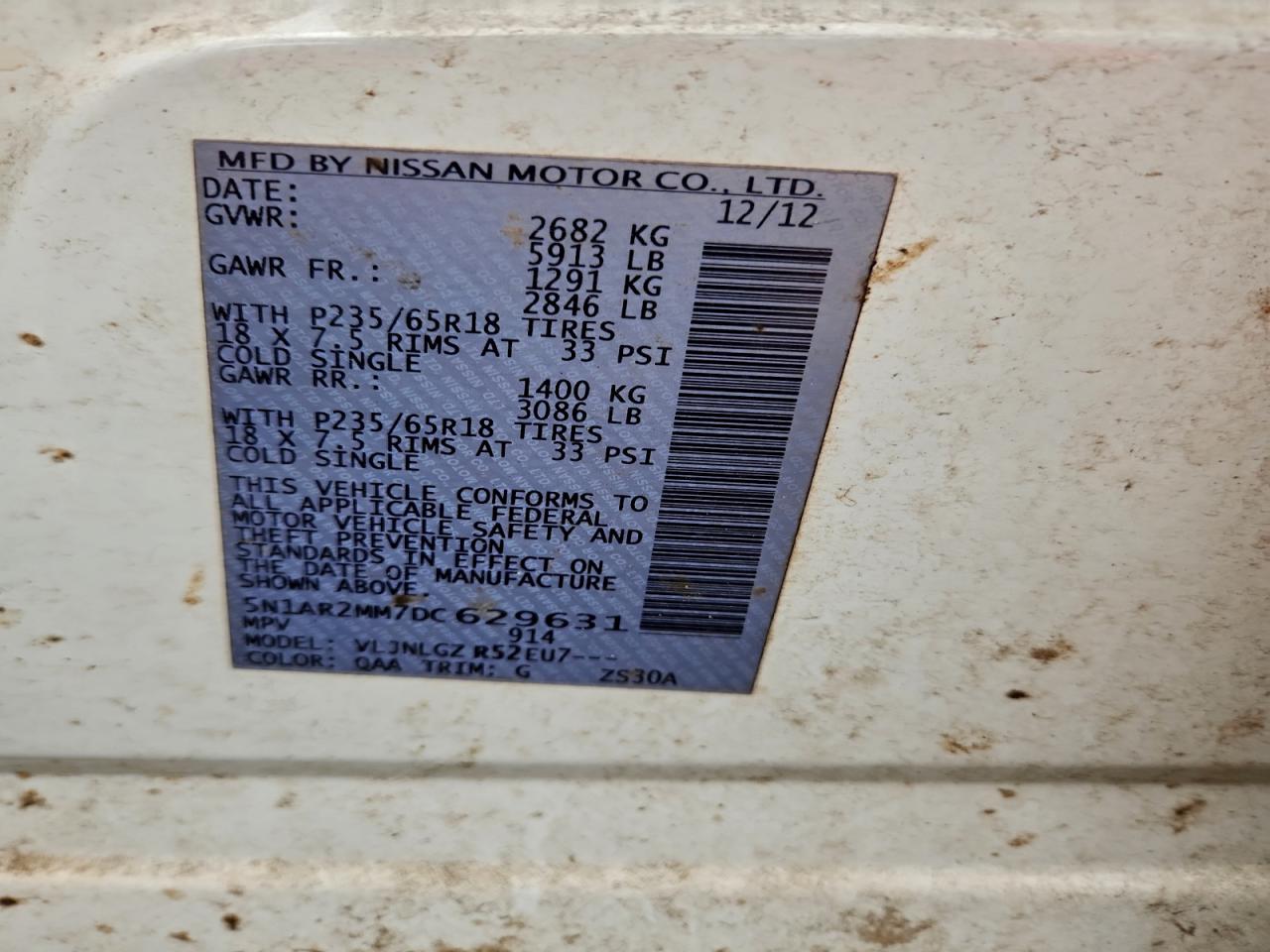 2013 Nissan Pathfinder S VIN: 5N1AR2MM7DC629631 Lot: 94345125