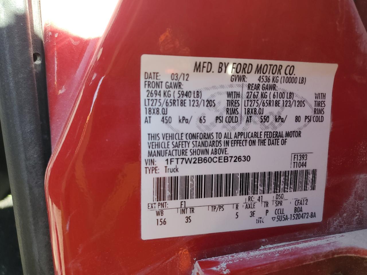 2012 Ford F250 Super Duty VIN: 1FT7W2B60CEB72630 Lot: 91518545