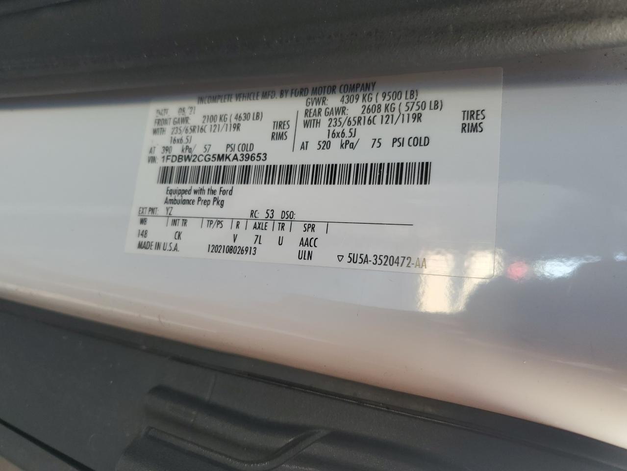 2021 Ford Transit T-350 VIN: 1FDBW2CG5MKA39653 Lot: 92363395