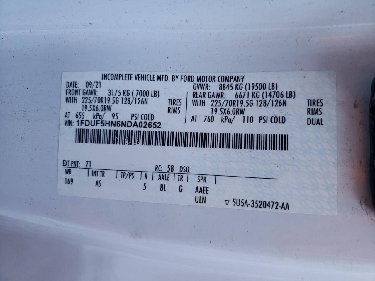2022 Ford F550 Super Duty VIN: 1FDUF5HN6NDA02652 Lot: 92693195