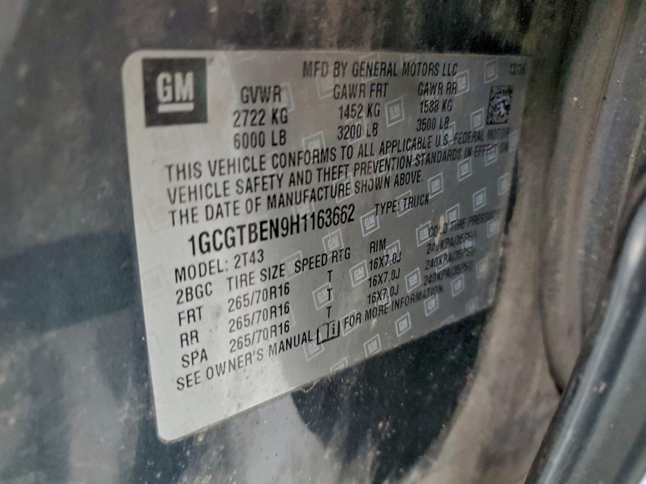 2017 Chevrolet Colorado VIN: 1GCGTBEN9H1163662 Lot: 94949095