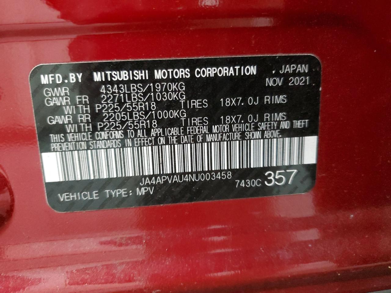 2022 Mitsubishi Outlander Sport Se VIN: JA4APVAU4NU003458 Lot: 92181255