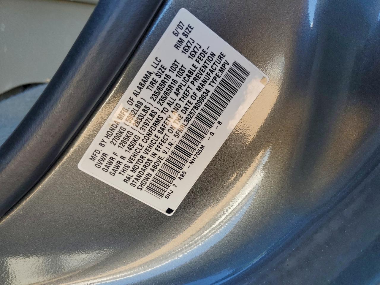 2007 Honda Odyssey Lx VIN: 5FNRL38257B099934 Lot: 94288185