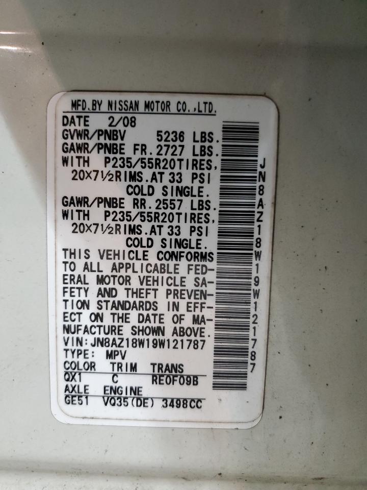 2009 Nissan Murano S VIN: JN8AZ18W19W121787 Lot: 93735845