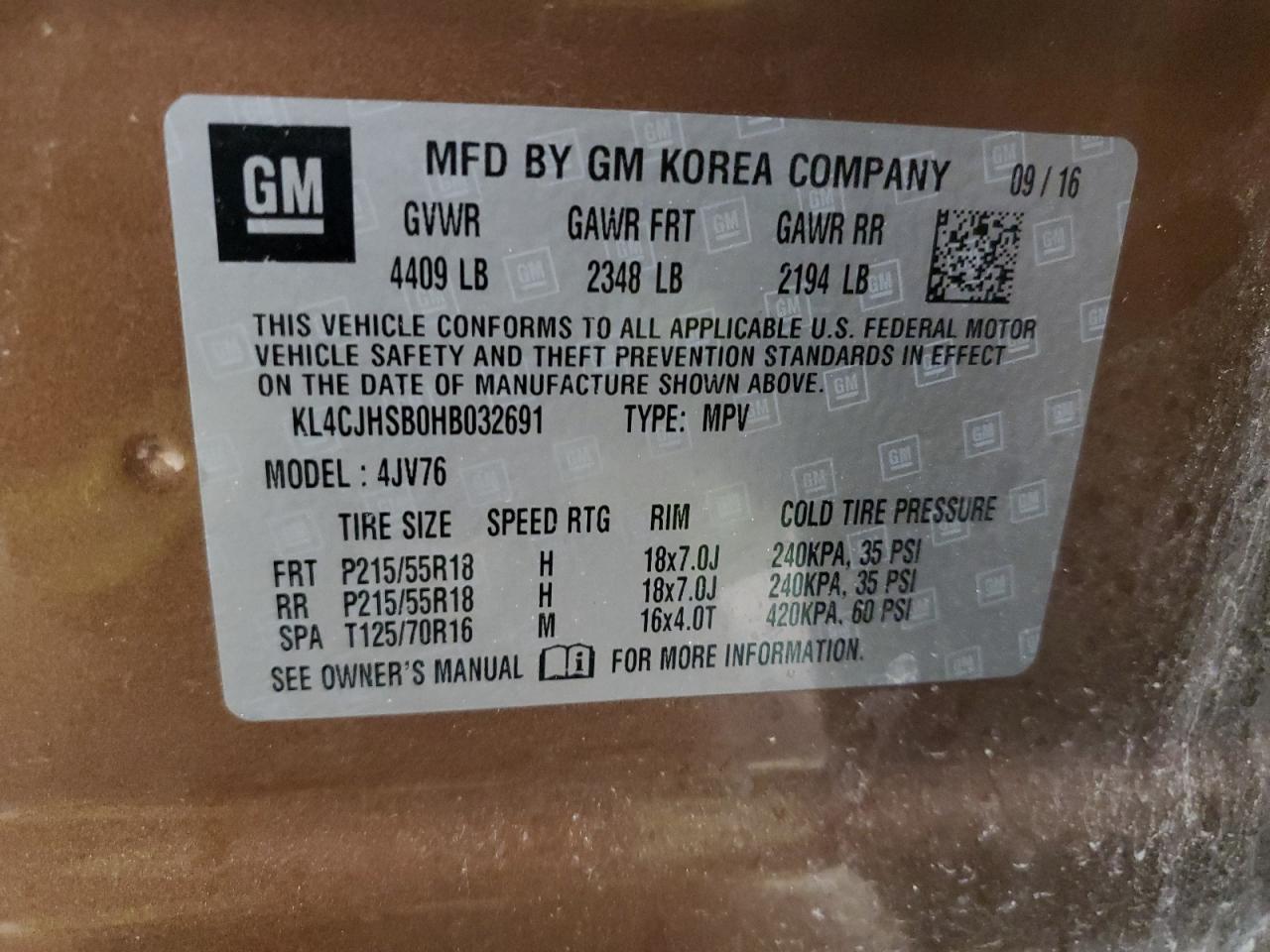 2017 Buick Encore Premium VIN: KL4CJHSB0HB032691 Lot: 91238565