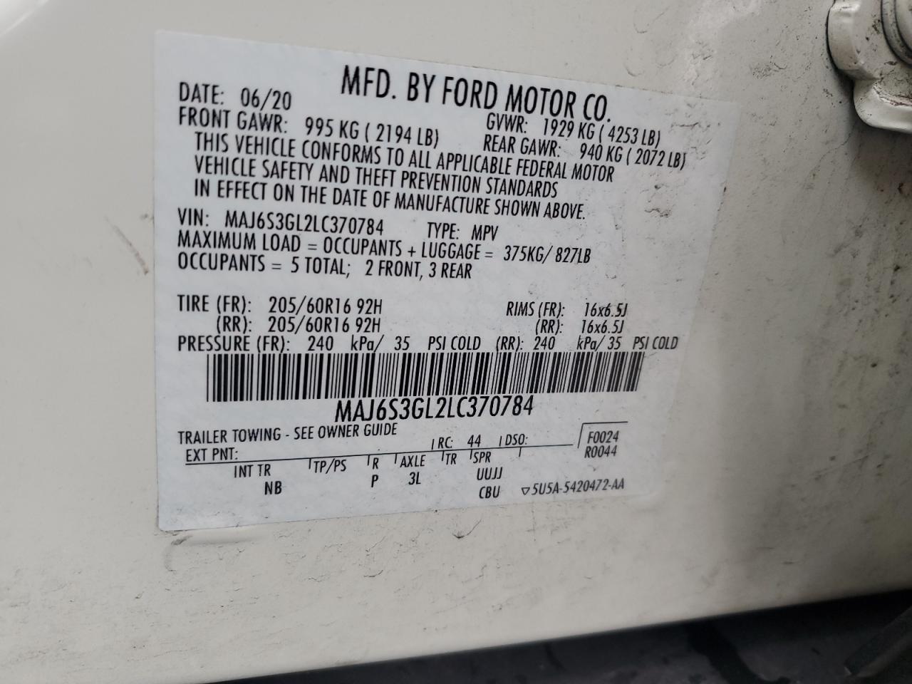 2020 Ford Ecosport Se VIN: MAJ6S3GL2LC370784 Lot: 92753235