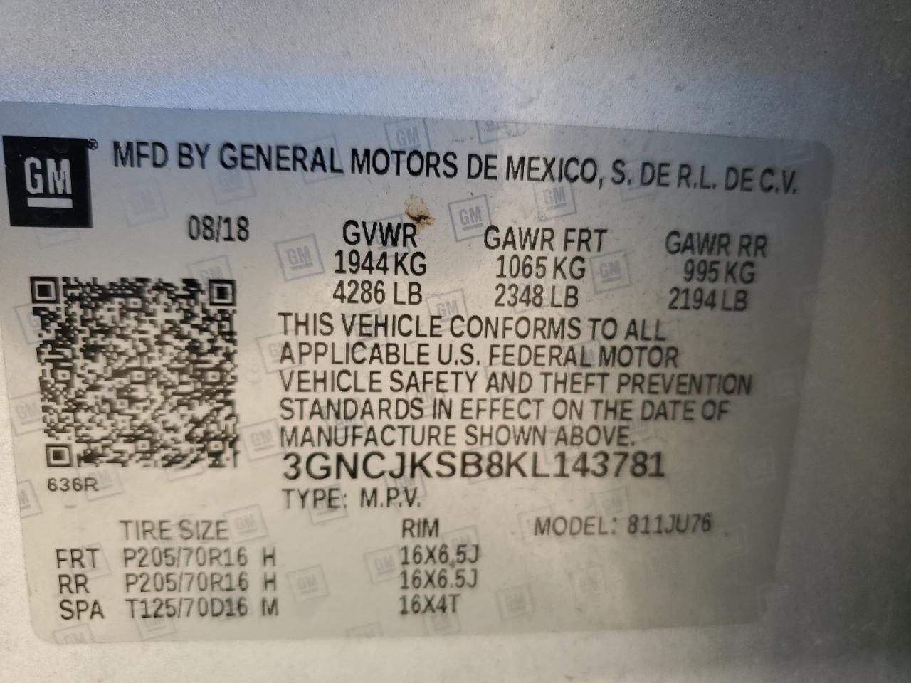 2019 Chevrolet Trax Ls VIN: 3GNCJKSB8KL143781 Lot: 90922065