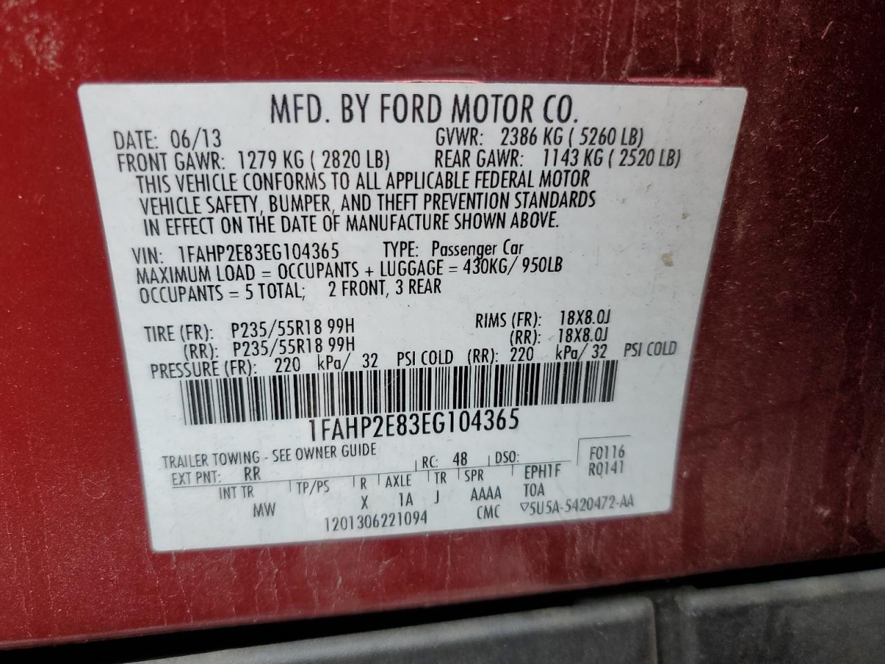 2014 Ford Taurus Sel VIN: 1FAHP2E83EG104365 Lot: 92447735