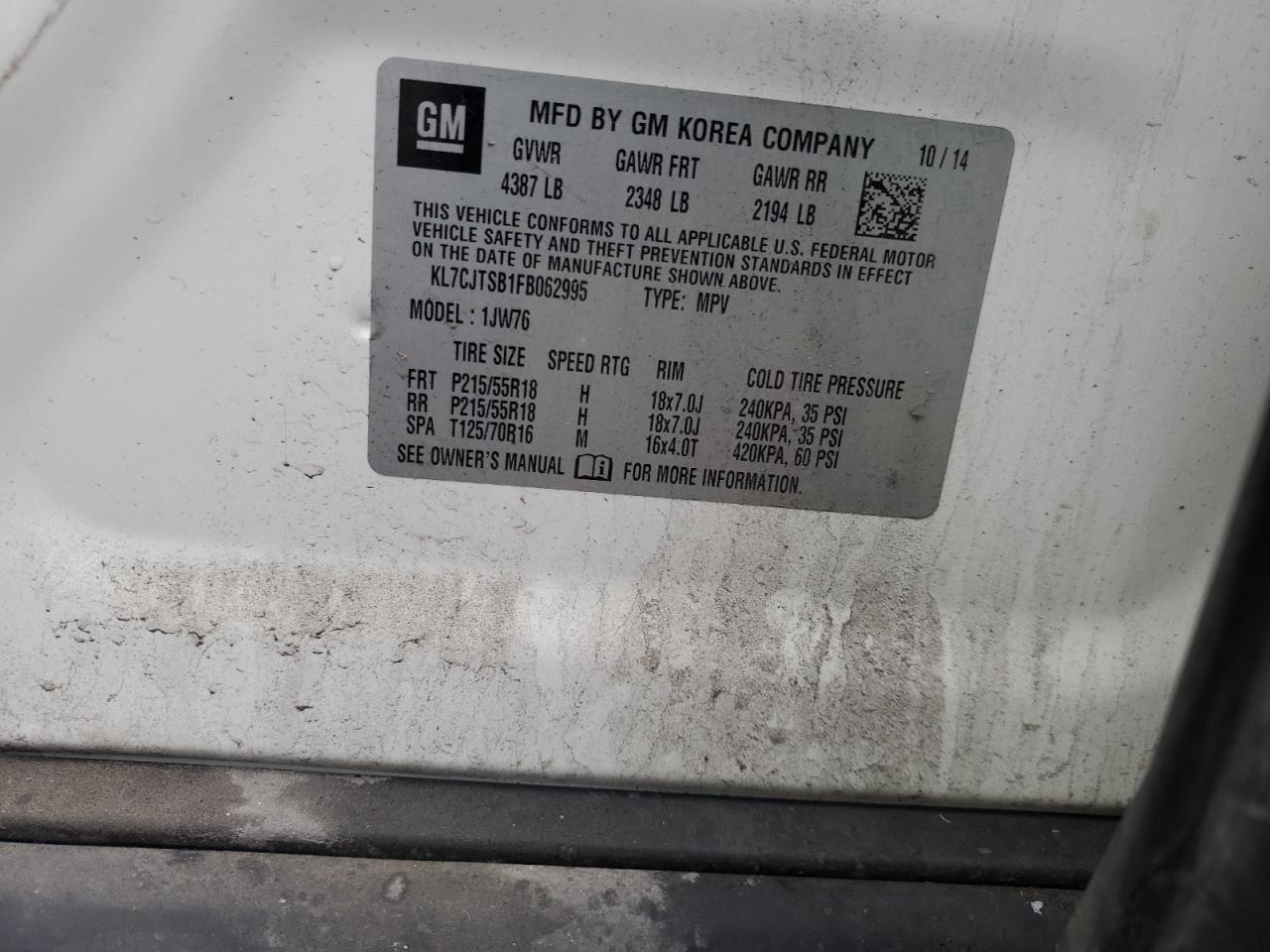 2015 Chevrolet Trax Ltz VIN: KL7CJTSB1FB062995 Lot: 92017235