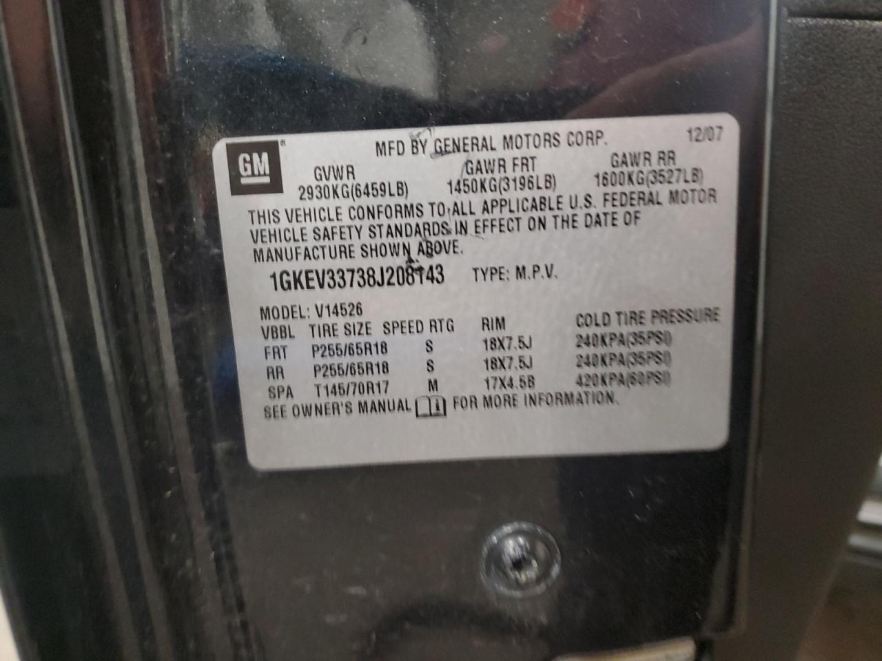 2008 GMC Acadia Slt-2 VIN: 1GKEV33738J208143 Lot: 93372395