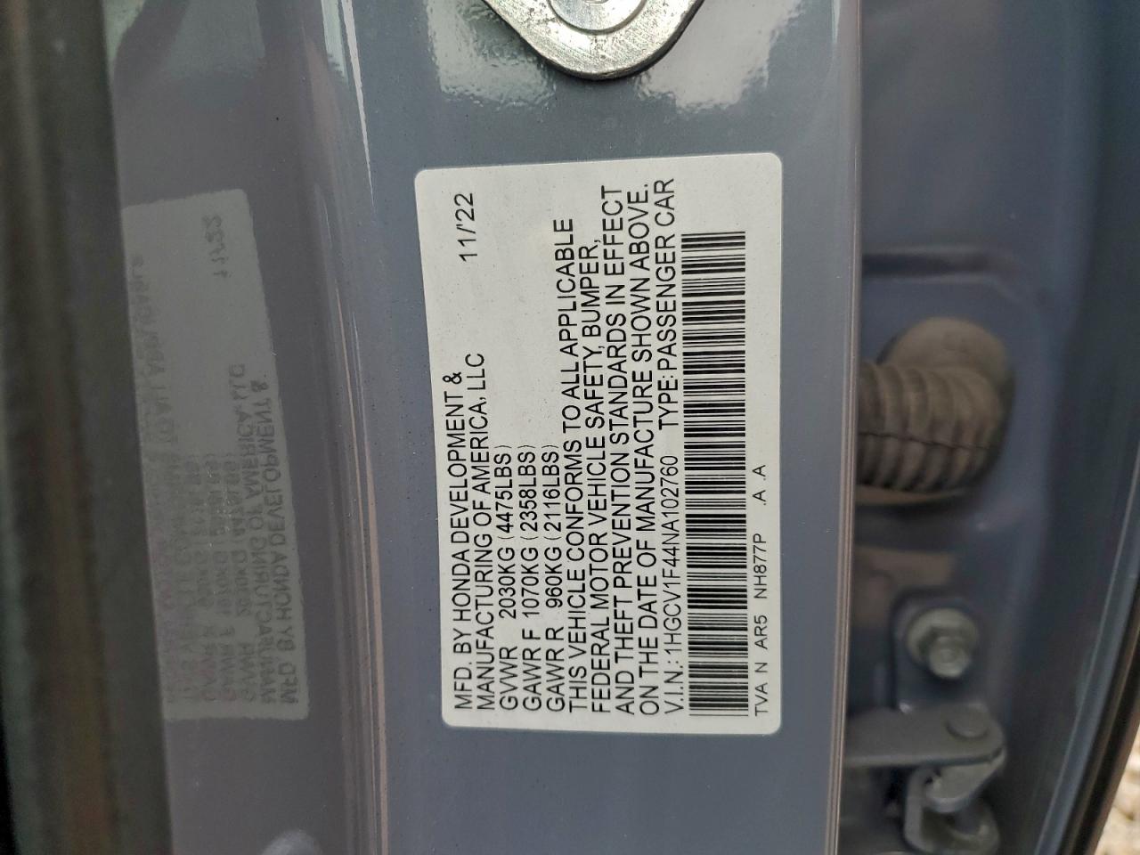 2022 Honda Accord Sport Se VIN: 1HGCV1F44NA102760 Lot: 93748515