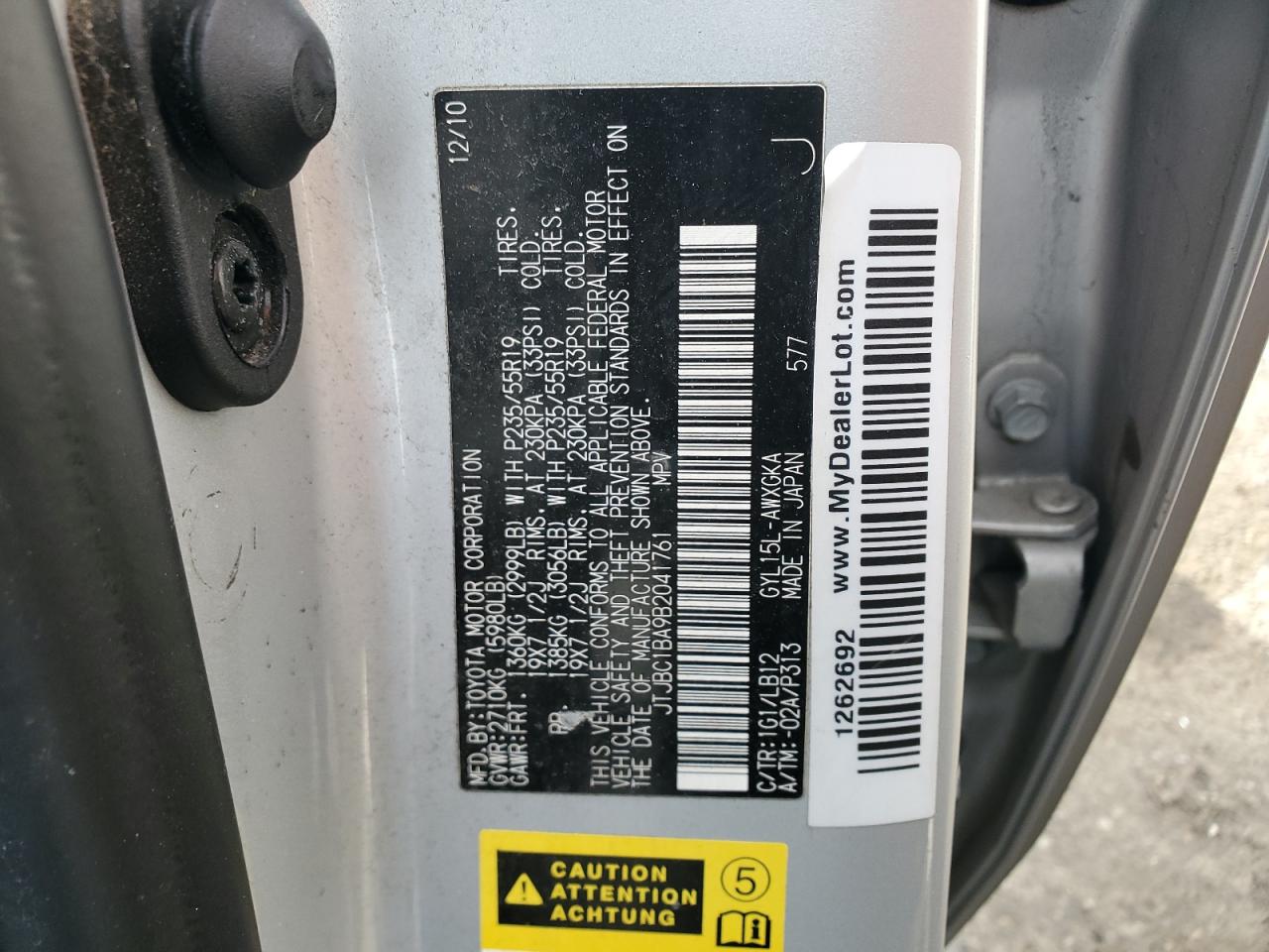 2011 Lexus Rx 450H VIN: JTJBC1BA9B2041761 Lot: 91788625