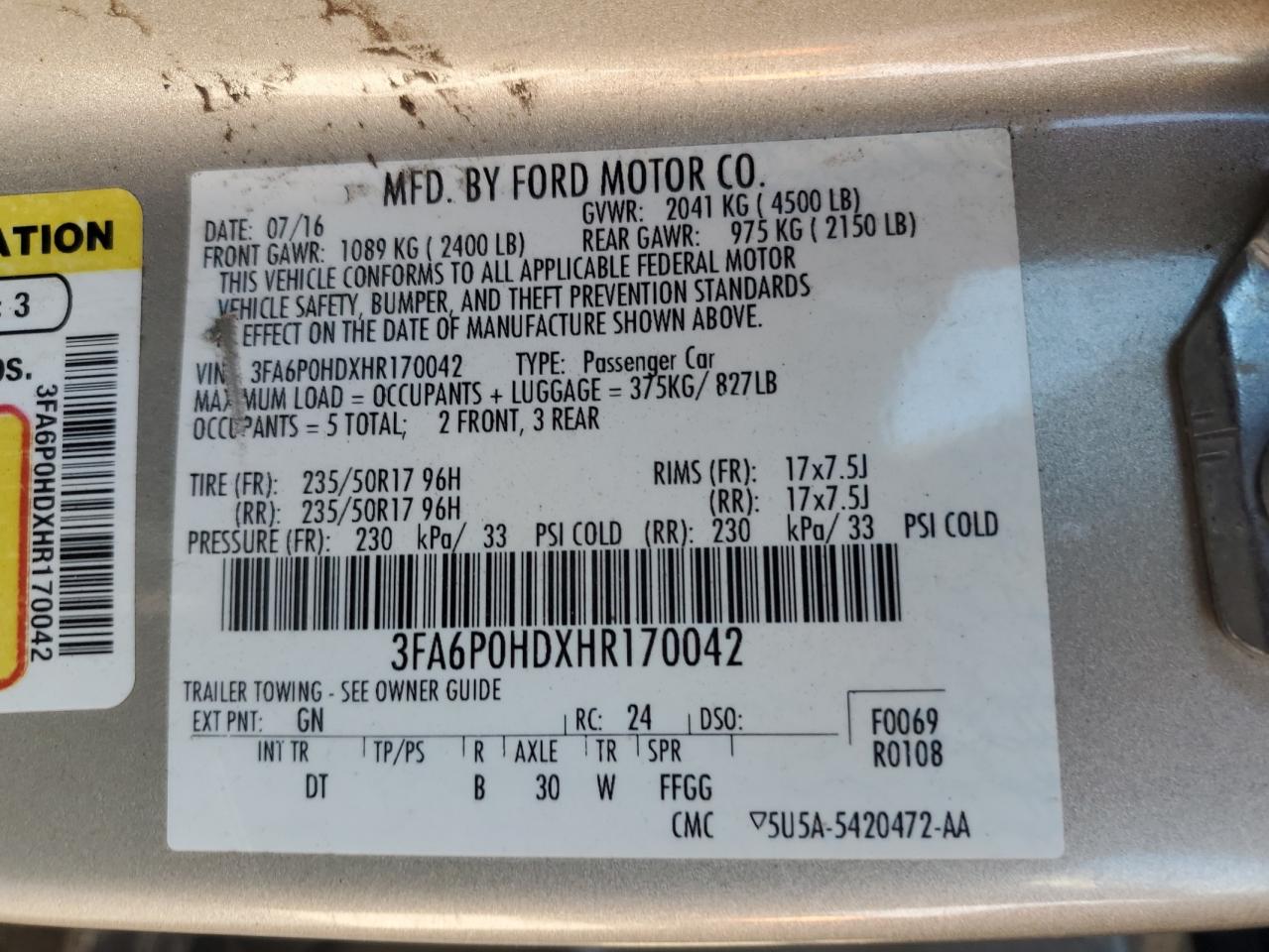 2017 Ford Fusion Se VIN: 3FA6P0HDXHR170042 Lot: 92889705