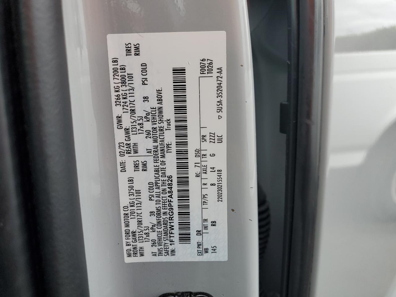 2023 Ford F150 Raptor VIN: 1FTFW1RG9PFA84826 Lot: 93542485