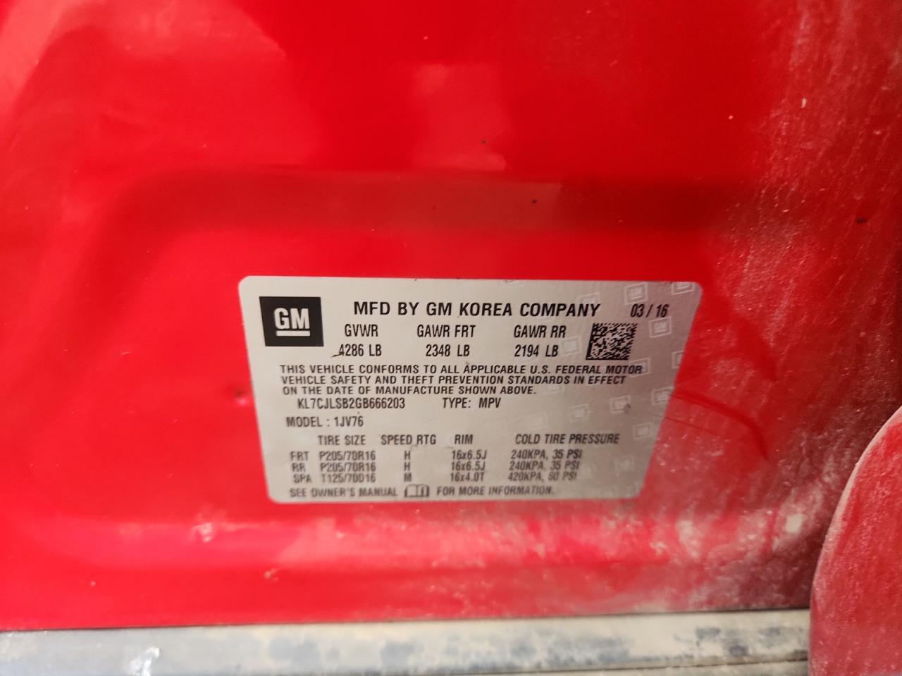 2016 Chevrolet Trax 1Lt VIN: KL7CJLSB2GB666203 Lot: 93071195