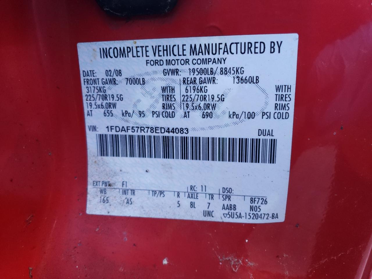 2008 Ford F550 Super Duty VIN: 1FDAF57R78ED44083 Lot: 86875675