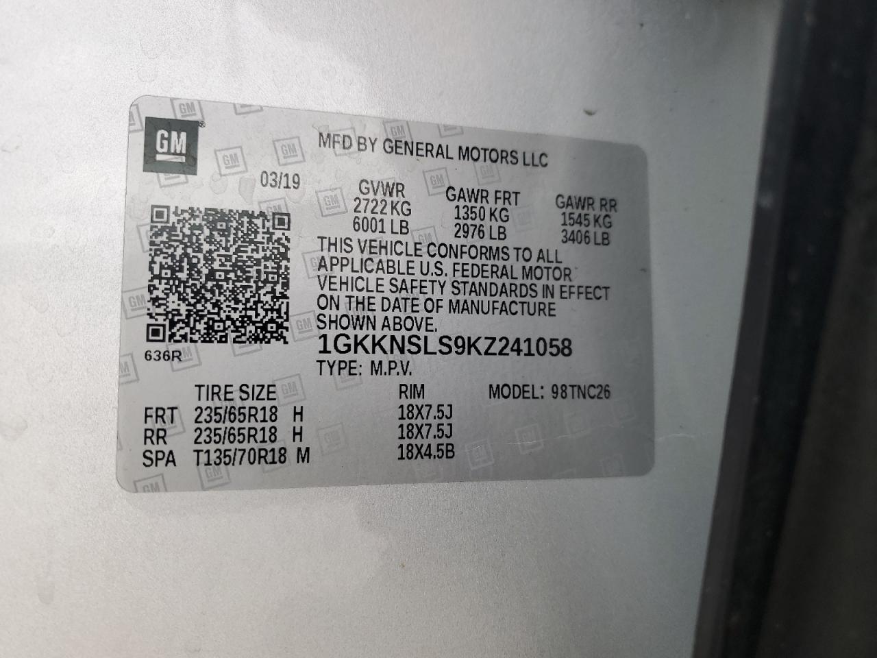 2019 GMC Acadia Sle VIN: 1GKKNSLS9KZ241058 Lot: 91596545