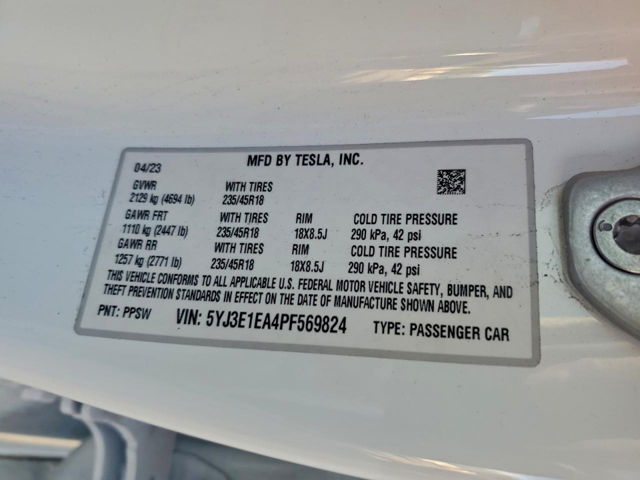 2023 Tesla Model 3 VIN: 5YJ3E1EA4PF569824 Lot: 93907385