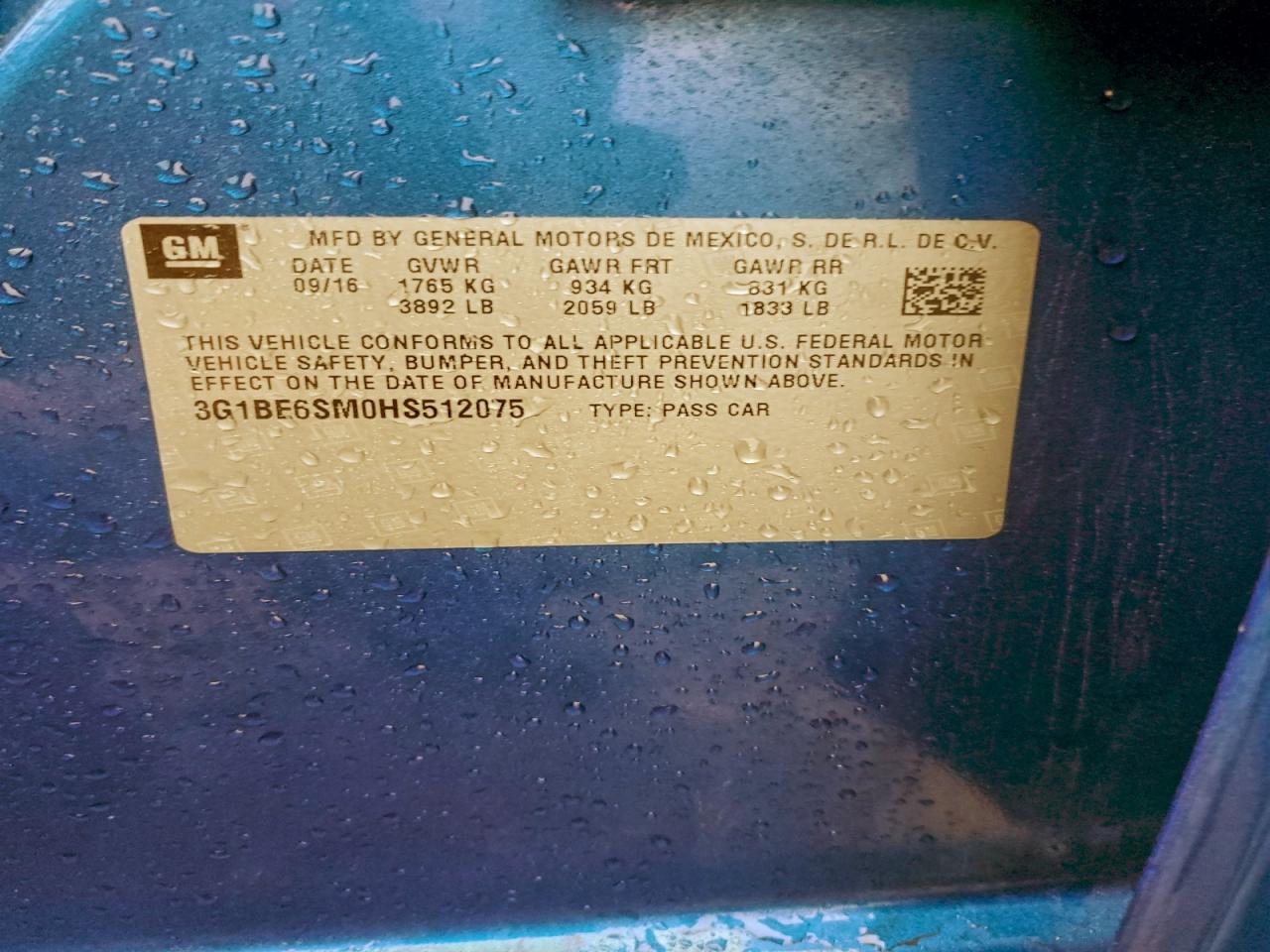 2017 Chevrolet Cruze Lt VIN: 3G1BE6SM0HS512075 Lot: 93817355