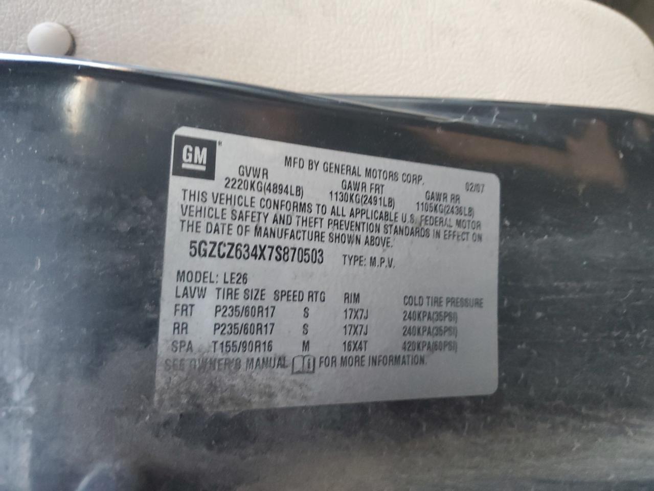 2007 Saturn Vue VIN: 5GZCZ634X7S870503 Lot: 92228295