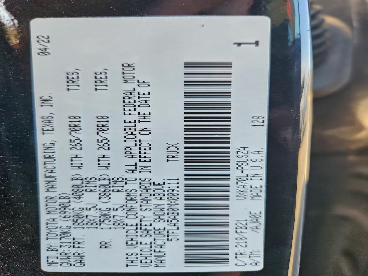 2022 Toyota Tundra Crewmax Sr VIN: 5TFLA5AB0NX009111 Lot: 92052925