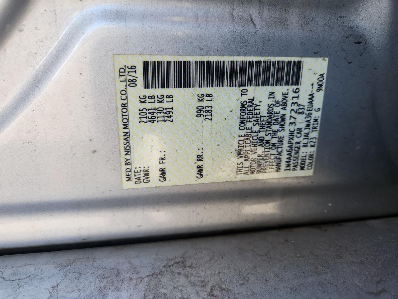 2017 Nissan Maxima 3.5S VIN: 1N4AA6APXHC372316 Lot: 92506515