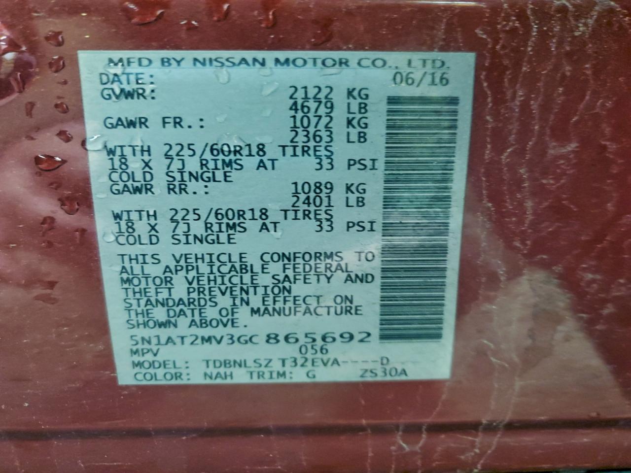 2016 Nissan Rogue S VIN: 5N1AT2MV3GC865692 Lot: 93821045