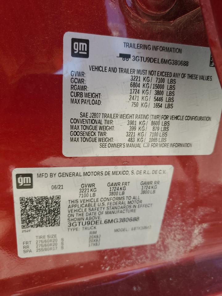 2021 GMC Sierra K1500 Slt VIN: 3GTU9DEL6MG380688 Lot: 91315105