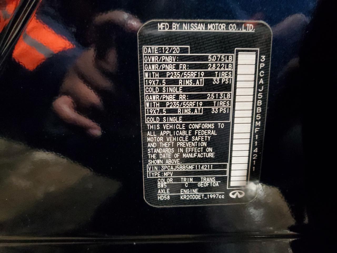 2021 Infiniti Qx50 Luxe VIN: 3PCAJ5BB5MF114211 Lot: 93647995