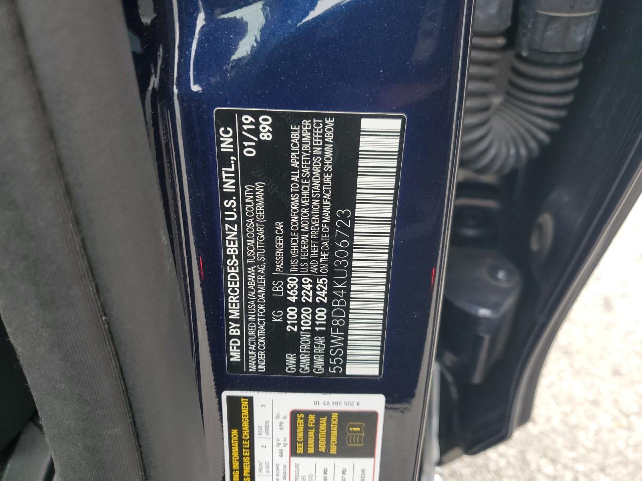 2019 Mercedes-Benz C 300 VIN: 55SWF8DB4KU306723 Lot: 93864245