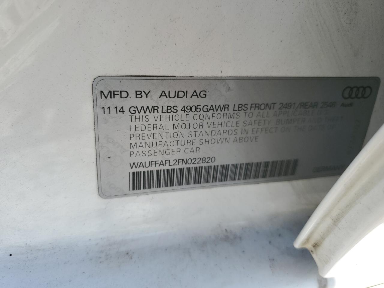 2015 Audi A4 Premium Plus VIN: WAUFFAFL2FN022820 Lot: 93480315