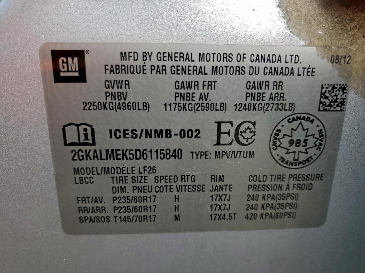 2013 GMC Terrain Sle VIN: 2GKALMEK5D6115840 Lot: 94801585