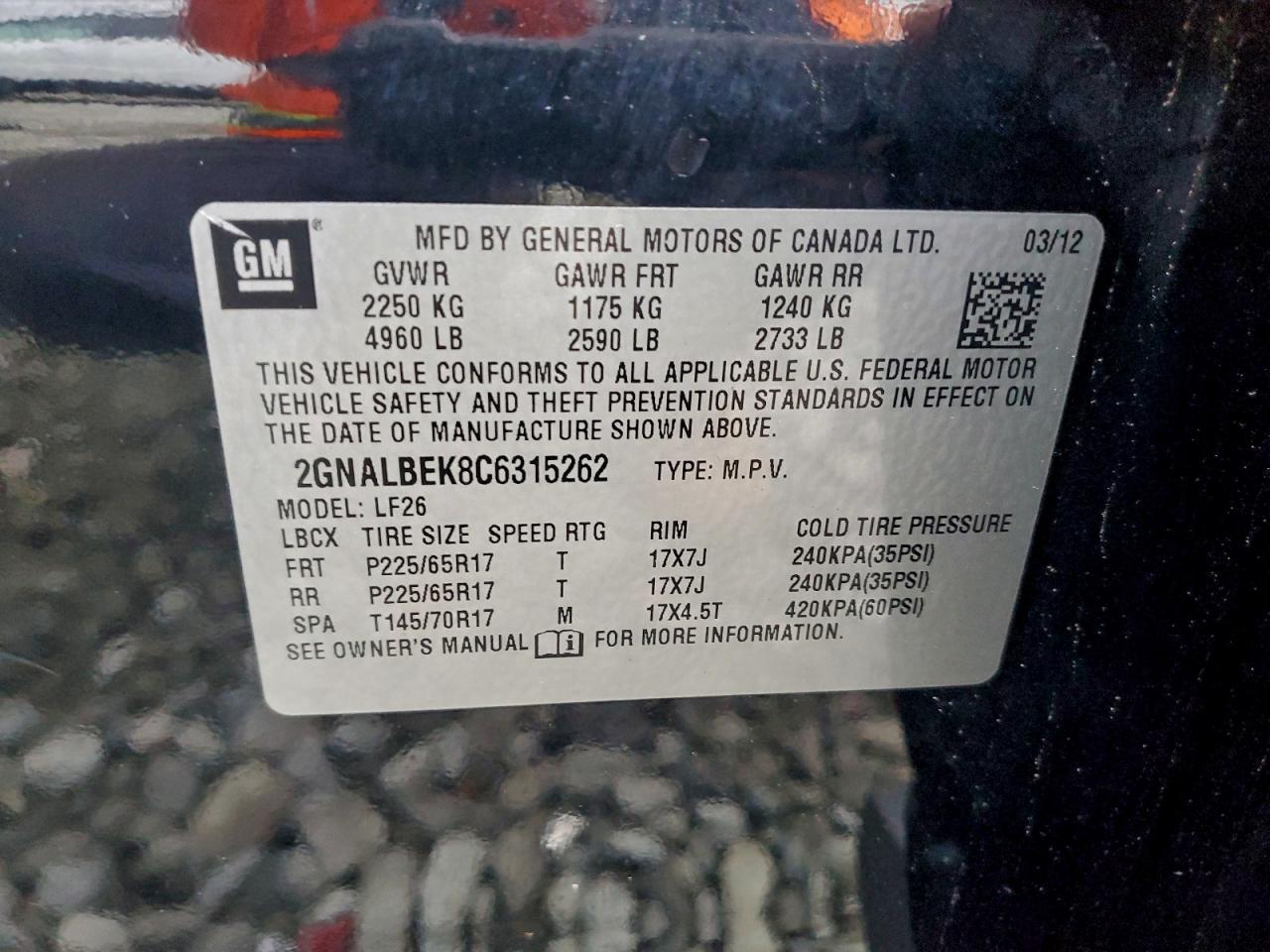 2012 Chevrolet Equinox Ls VIN: 2GNALBEK8C6315262 Lot: 93887175