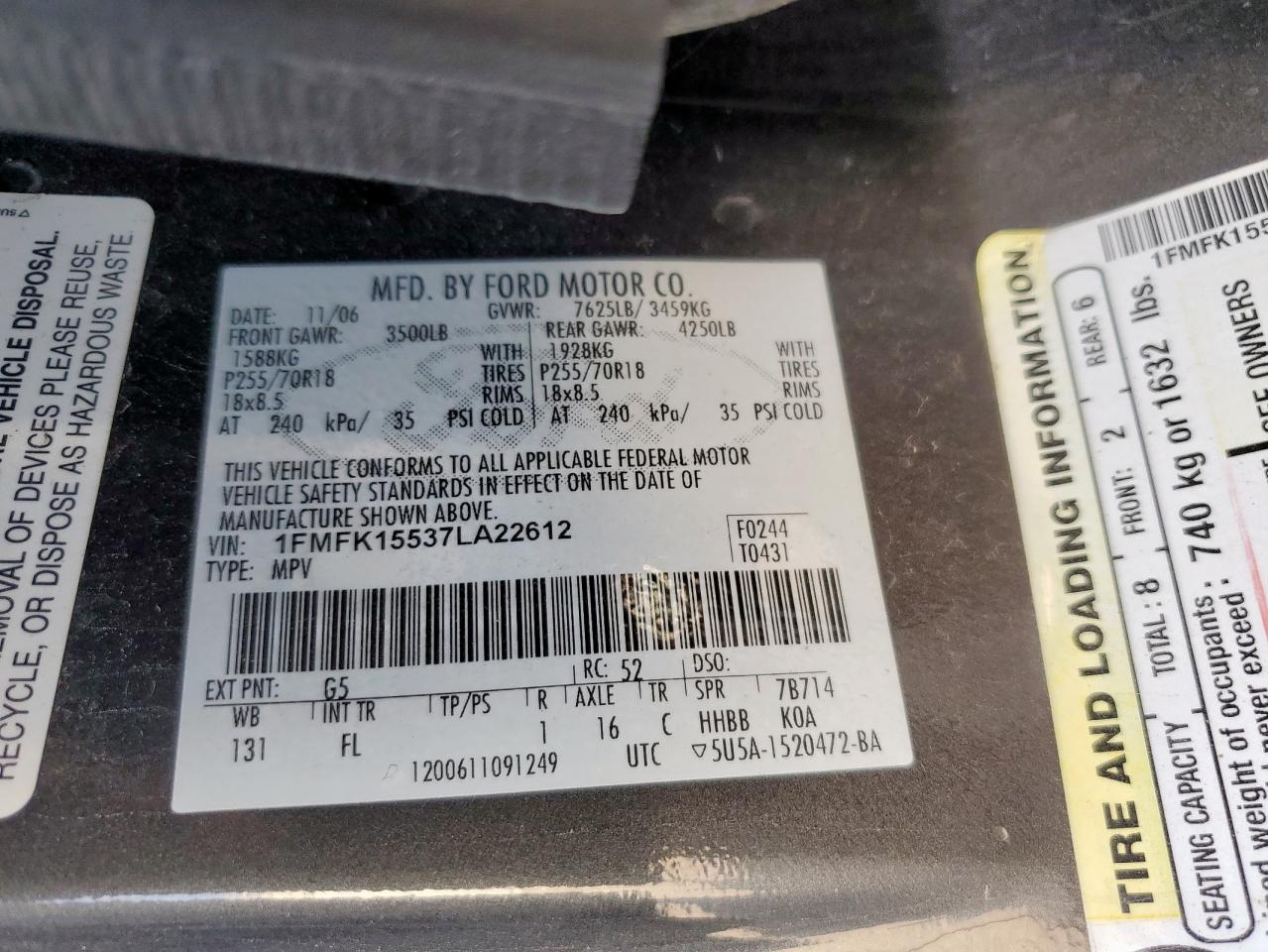 2007 Ford Expedition El Xlt VIN: 1FMFK15537LA22612 Lot: 93537725