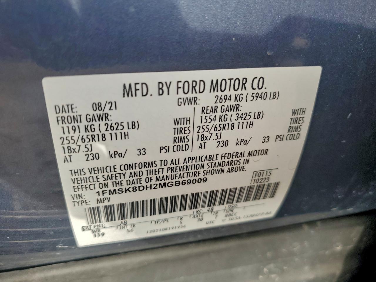 2021 Ford Explorer Xlt VIN: 1FMSK8DH2MGB69009 Lot: 93949925