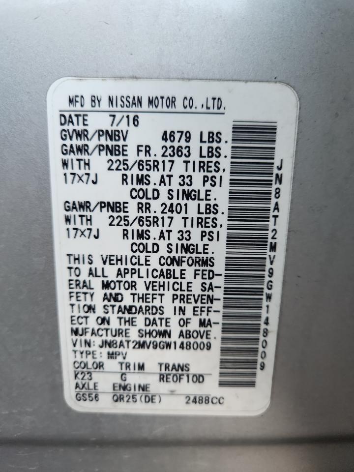 2016 Nissan Rogue S VIN: JN8AT2MV9GW148009 Lot: 91349575