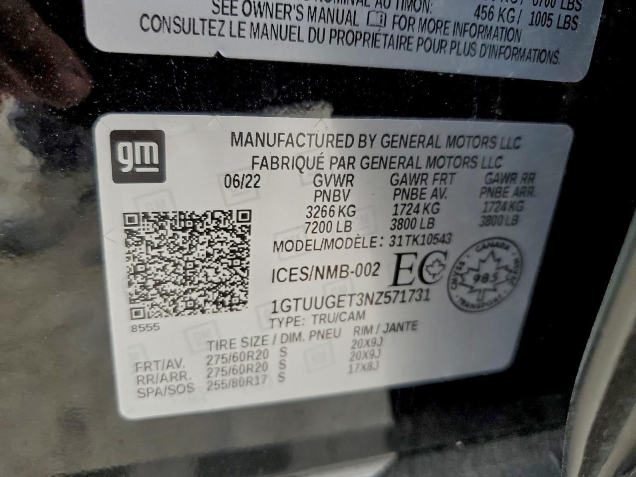 2022 GMC Sierra K1500 Denali VIN: 1GTUUGET3NZ571731 Lot: 93474095